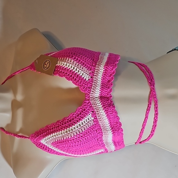 Hand Crafted Bikini Crochet Halter Top Hot Pink White Crop-Top Swim Coverup - Picture 5 of 17